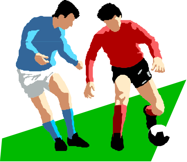 The image shows two soccer players on a field with a ball between them; both men wear red jerseys and shorts, one is wearing blue socks while the other has white ones.