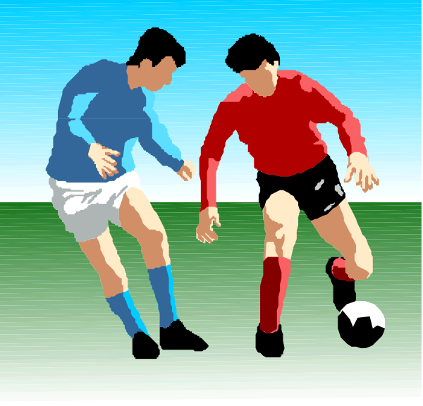 The image shows two soccer players on a field with sports balls; both men wear uniforms consisting of shirts, shorts, socks, shoes, gloves, and jerseys in red and blue hues respectively.
