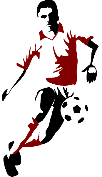 The image shows a black and white silhouette of an athlete playing soccer with a ball at his feet on what appears to be a field during daylight hours.