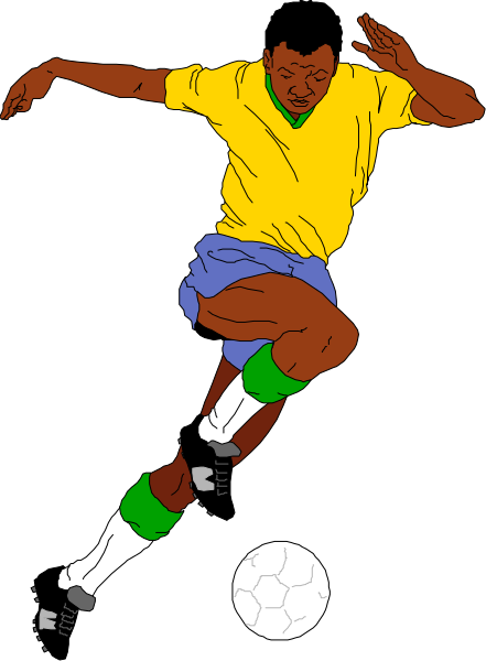 The illustration shows a male soccer player wearing yellow shorts with green stripes on his socks, kicking a white ball while in mid-air during what appears to be an action shot of him playing football.
