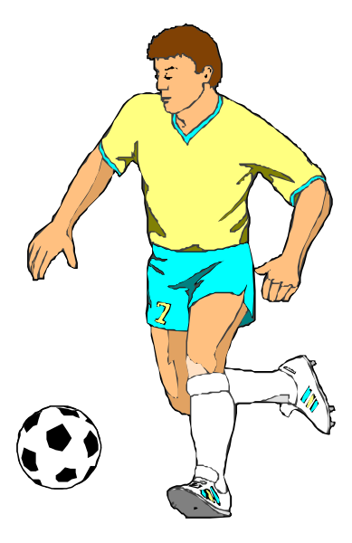 The illustration shows a male soccer player wearing yellow shorts with blue stripes on his socks, kicking a ball while running to one side of an image frame.