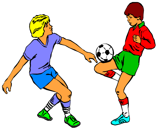 The illustration shows three animated characters playing soccer on a black background; two players wearing blue shorts with white socks and cleats, one player in green shirt and red shorts kicking the ball towards another player who is defending while running forward to intercept it.