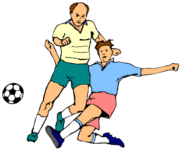The illustration shows two men playing soccer on a field with sports balls around them; both players wear shorts and shirts in different team uniforms—one is green and white while the other has blue stripes, indicating rivalry between teams.