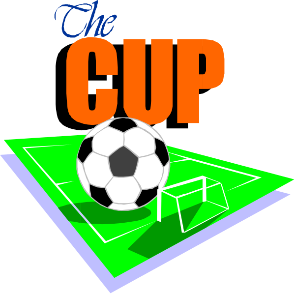 The cup logo with a soccer ball on top of it next to an illustrated field marked for football.
