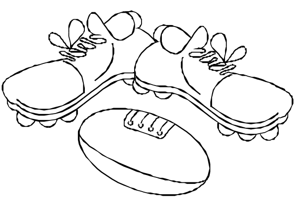 The black and white illustration shows a pair of soccer cleats with shoelaces tied together on top of each other in front of two footballs; one is larger than the other.