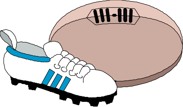 The image shows a pair of white sneakers with blue stripes placed on top of an American football that is lying flat against a dark background.