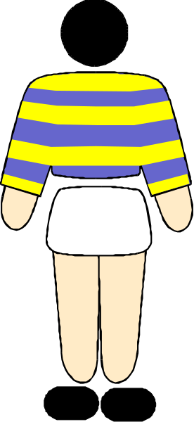 The image shows a cartoon of an animated character wearing shorts with stripes on them standing against a black background; behind this figure is another smaller one that appears to be walking away from it towards the right side, both characters have yellow and blue shirts respectively.