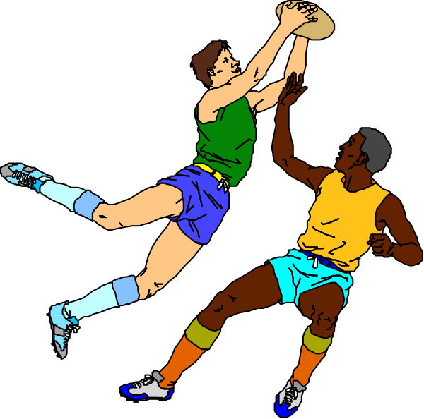 The illustration depicts a dynamic scene of three male athletes engaged in an American football game on what appears to be a field with goalposts at each end. One player is leaping into mid-air towards another, who seems ready for action; both players wear uniforms and are equipped with sports equipment such as helmets and shoulder pads. The third athlete stands alertly in the background, also dressed similarly but without any protective gear visible on him.