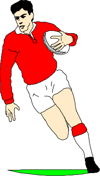 The image shows a black and white illustration of an athlete dressed as a soccer player holding a football while running on what appears to be grass with goalposts in background.