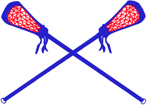 The image shows a black background with three red lacrosse sticks crossed over each other at an angle; above them is a blue banner featuring two white silhouettes of athletes in action poses on either side, and between these figures there's a small diamond-shaped emblem resembling the number 1. The style appears to be digital art with simple shapes for objects and characters. There are no texts present within this image.