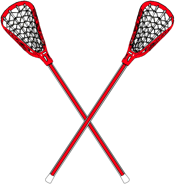 The image shows a pair of red lacrosse sticks crossed over each other against a black background with white borders on either side.
