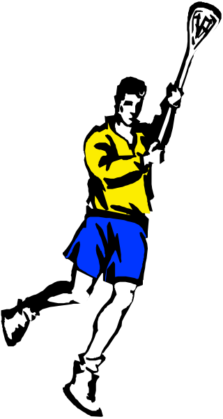 The image shows a black and white illustration of an athlete holding a lacrosse stick on what appears to be a field with goalposts in background.