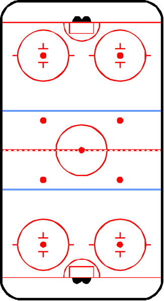 The image shows a black and white diagram of an ice hockey rink with red dots representing pucks on it.