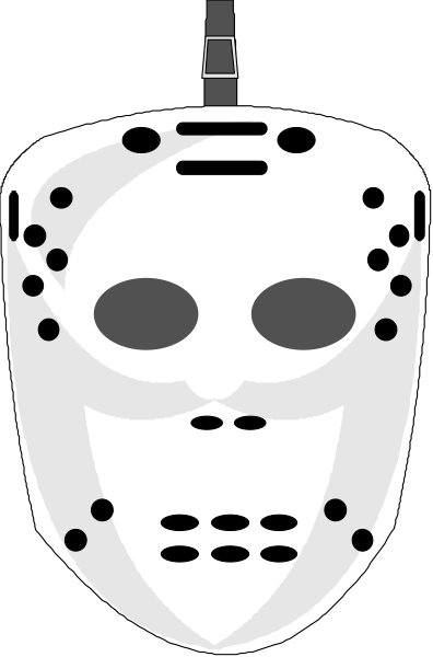 The image shows a white hockey mask with black eye holes on it against a dark background.