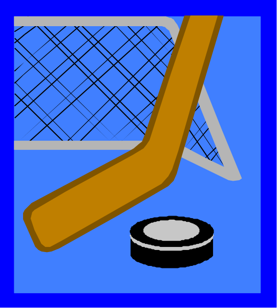 The image shows a hockey stick leaning against an ice rink with a puck on it next to a goalie's net in front of which is a blue background featuring white text that reads "Hockey."