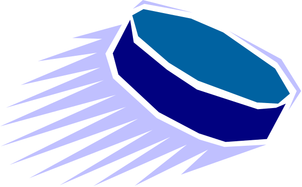 The image shows a blue hockey puck with white lines indicating motion against a black background.