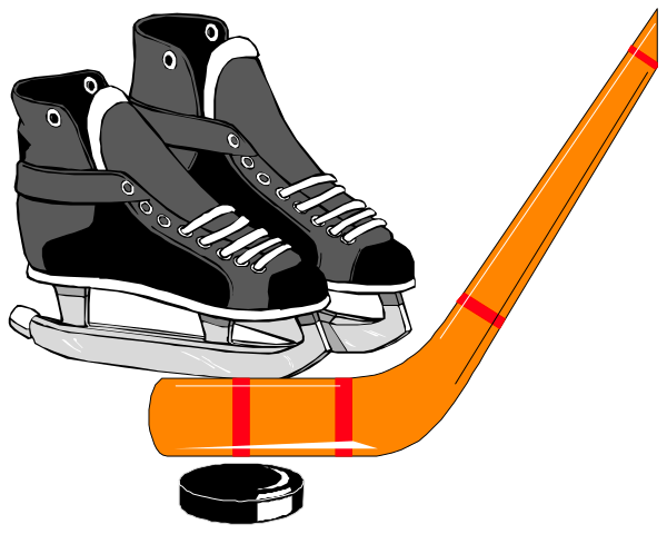 The image shows a pair of ice skates on top left corner with two hockey sticks crossed below them forming an 'x' shape in black color against white background; bottom right corner features three pairs of rollerblades, each attached to one another by red ribbons and positioned above the word "Rollerskate" written vertically.