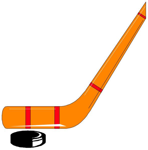 The image shows a hockey stick on top of an orange puck with two different representations: 1) A black silhouette depicting a player holding a red-striped hockey stick over the puck, and 2) An illustration showing a real wooden hockey stick resting atop an actual plastic ice hockey puck. The image is split into these two parts to compare them side by side. There are no people or animals in this clip art; it focuses on objects related to sports equipment: one depicts the silhouette of a player, and the other shows real-