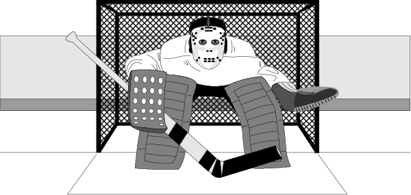 The image shows a cartoon of an ice hockey goalie sitting on his knees with arms outstretched as if ready to catch pucks; he is wearing full protective gear including helmet, chest protector, leg guards and blockers.