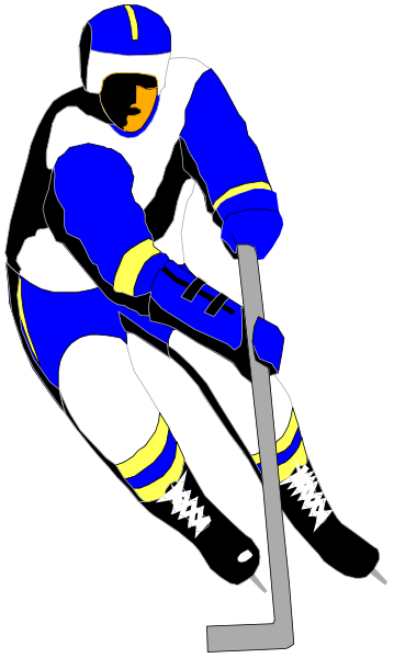 The image shows a black and white illustration of an ice hockey player on skates with his arms outstretched for balance while wearing protective gear such as helmet, gloves, knee pads, and shin guards.