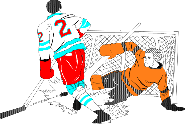 The black and white illustration shows two hockey players on ice; a player wearing red is being checked by an opponent who has fallen to his knees in front of him while holding onto another player's leg for support, suggesting action during gameplay with intensity indicated through their poses.
