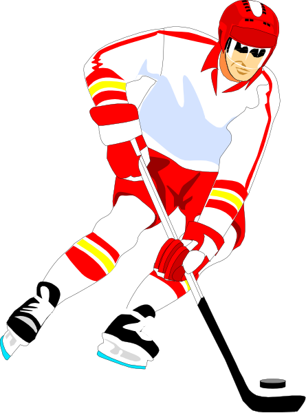 The image shows a hockey player wearing red uniform with white stripes on his arms and legs, holding a stick while skating in an indoor rink environment.