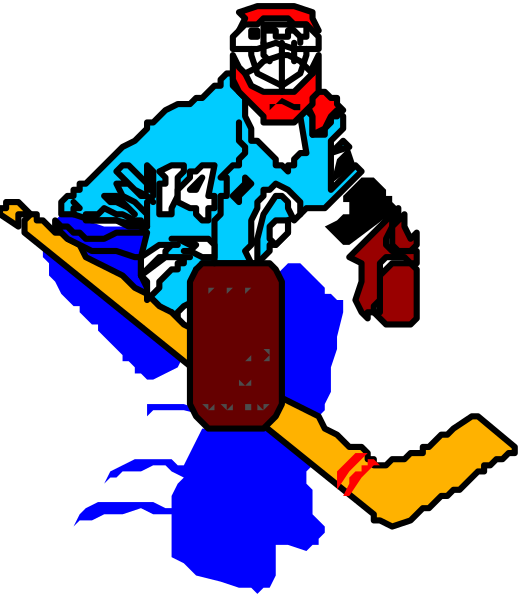 The image shows a pixelated graphic of an ice hockey player holding two sticks with his hands crossed over them while standing on what appears to be a patch of snow; he is wearing blue pads and has red text above him that reads "STARS."
