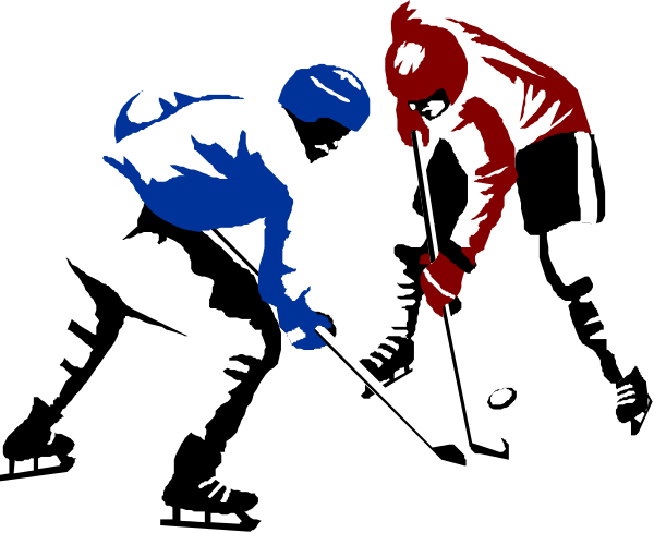 The black and white illustration shows two ice hockey players on a rink with their backs to each other; both have sticks in hand while one is wearing protective gear including knee pads and helmet.