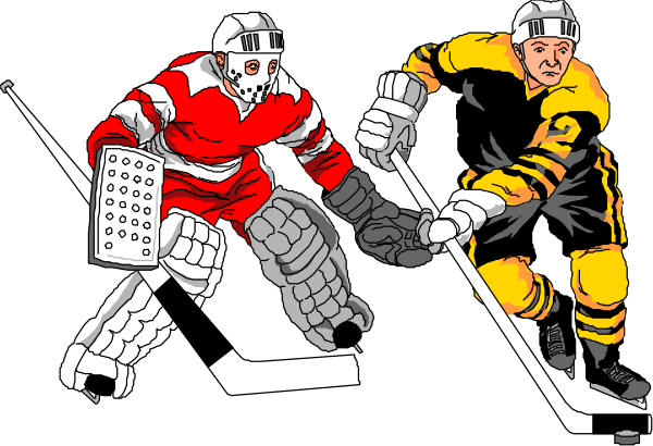 The black and white illustration shows two hockey players on a rink; both wear helmets with face guards, jerseys in red for one player and yellow for another, gloves, skates, and pads typical of ice hockey equipment.