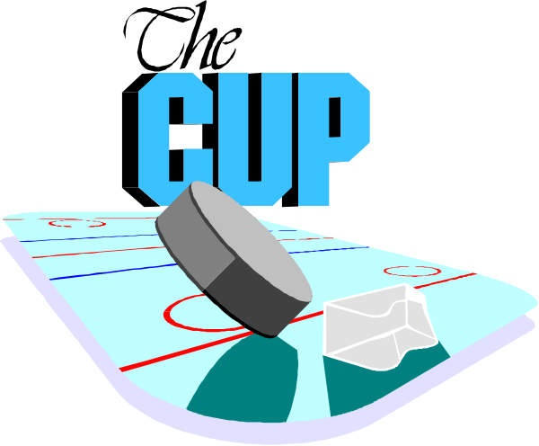 The image shows a cartoon depiction of an ice hockey rink with various elements: there is text at top left that reads "CUP," which could be interpreted as either referring to a trophy cup, like in sports competitions, or simply being part of another word; on the right side, two pucks are shown flying towards each other over what appears to be an ice surface with hockey sticks and players' silhouettes visible beneath it. The background is black but features white outlines that suggest a map-like representation below the rink area where there seems to be text indicating