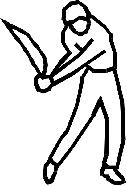 The black and white silhouette of a person swinging an axe at something on their right side while standing with legs apart in front of them.