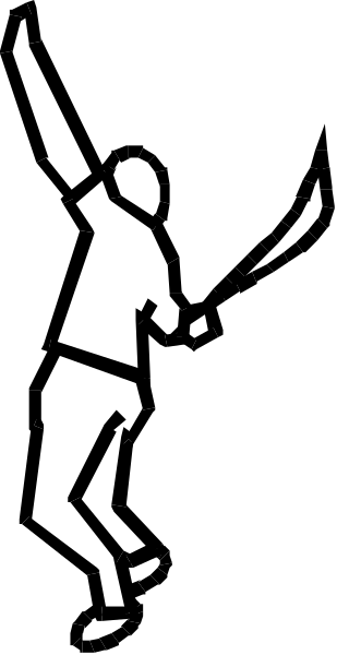 The black and white silhouette of a person swinging an object with both hands raised above their head while standing on what appears to be a platform against a dark background.