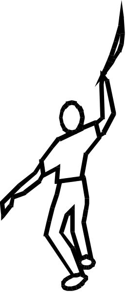 The black and white silhouette of a person holding an object above their head while standing on what appears to be a platform with two vertical lines at either end.