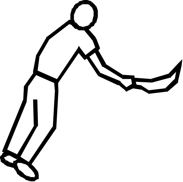The black and white silhouette of a person swinging an object that resembles a sword at another figure who is holding what appears to be a shield with two crossed swords on it.