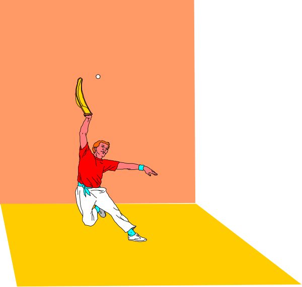 The illustration depicts a tennis player on an orange court with yellow lines holding a racket poised to hit a ball in front of him; he is wearing red clothing including shorts and shoes.