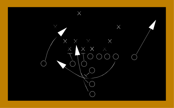 The image shows a blackboard with white chalk writing that appears to be an American football play diagram on it.