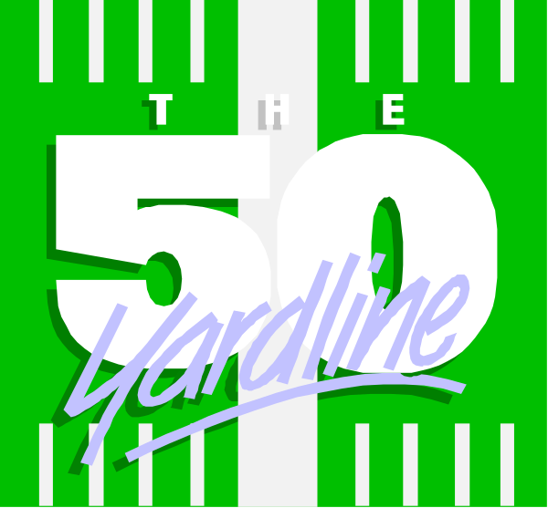 The image features a graphic with text that reads "THE 50 YARDLINE" at top center on an overlaid football field background in shades of green and white. Below this is another line of text, smaller but still prominent, reading "YARDBINE." In the bottom right corner there's a stylized graphic resembling a handwritten signature or logo with curved lines forming what appears to be an abstract design within two rectangles; one rectangle has green and white stripes while the other is solid black. The overall style of this image suggests it may