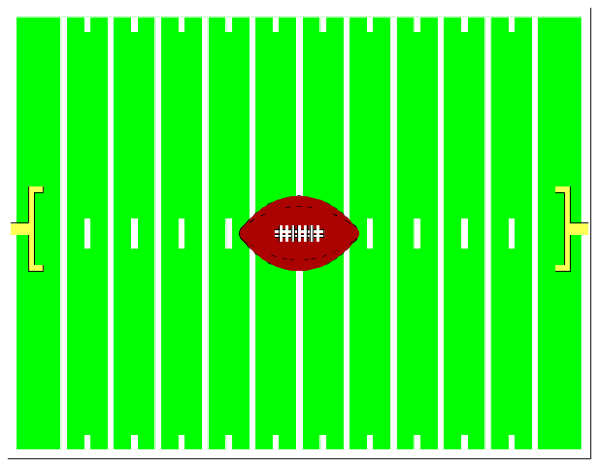 The image shows a pixelated representation of an American football field with yard lines marked on it inside what appears to be a stadium seating area.