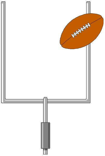The black and white illustration shows a football on top of an uprights game piece with two horizontal bars connected by vertical supports at each end.