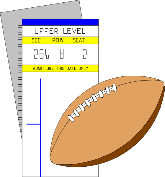 The image shows a football ticket with an illustration of a brown footbal next to it on what appears to be a clipboard against a black background; there is also text that reads "UPPER LEVEL" and other information about seating, row number, etc., indicating the setting might be related to attending or organizing sports events.