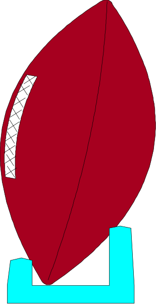 The image shows a red football with white stripes on it against a gray background.