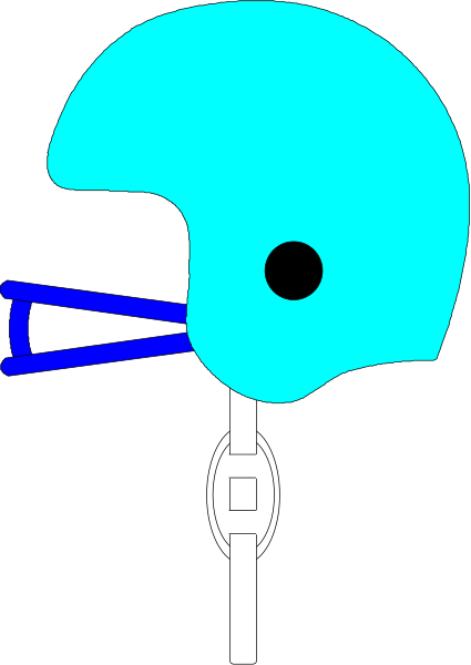 The image shows a blue helmet with an open face mask hanging on its side against a black background.