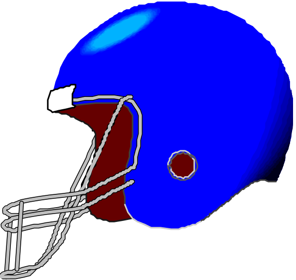 The image shows a blue football helmet with white accents on top of it against a black background.