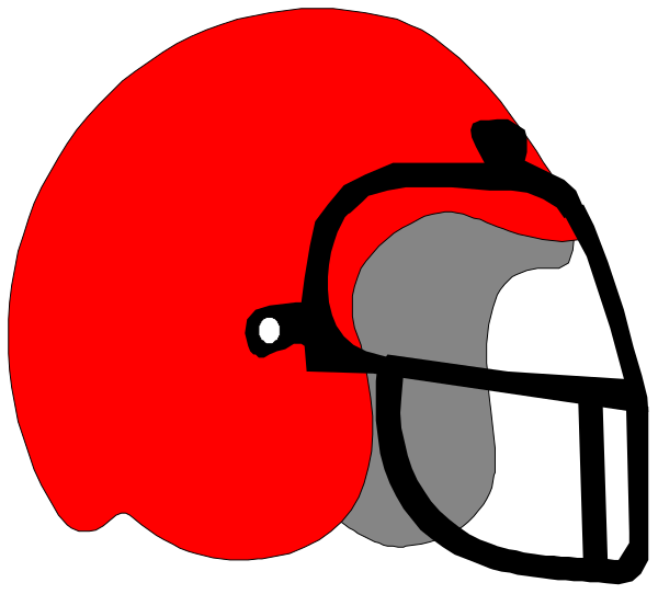 The image shows a red helmet with white lettering on it against a black background.