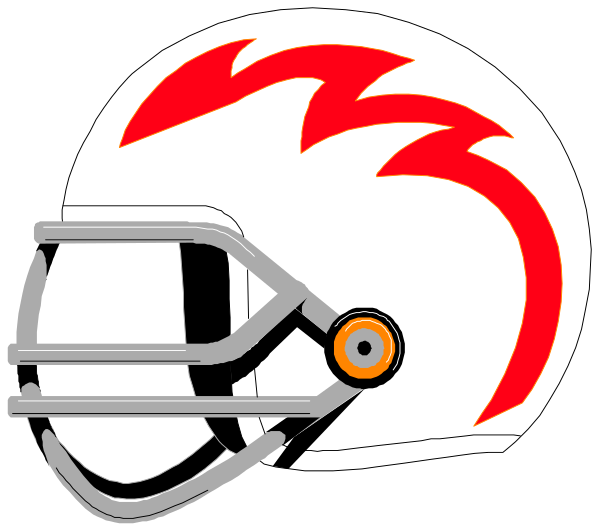 The image shows a white helmet with red flames on it against a black background.