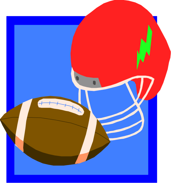The image shows a red football helmet with lightning bolts on it next to an American football placed inside what appears to be a blue square frame against a white background.