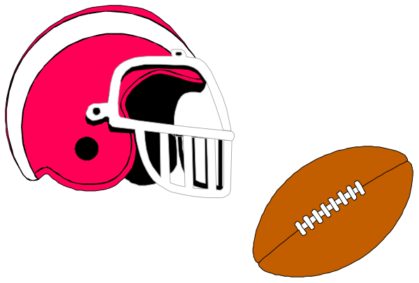 The image shows a black background with three sports items: an American football helmet on top left corner; two helmets in center right side of picture; and one brown football at bottom right side of picture.