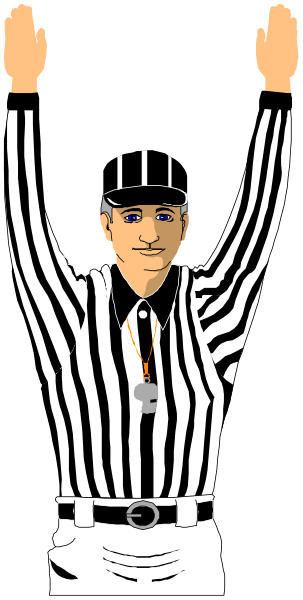 The image shows a black and white illustration of an umpire raising his arms above his head to signal something during what appears to be a sports event such as baseball or basketball.