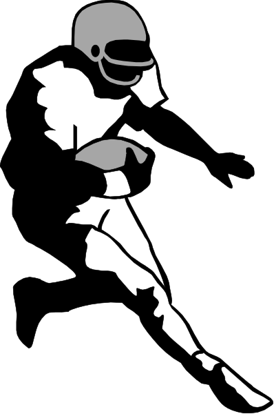 The black and white silhouette of a football player running with an American flag on his back against a dark background.
