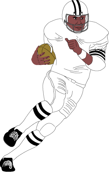 The image shows a black and white illustration of an American football player holding a ball on his left arm while wearing protective gear with stripes down each leg; he is in mid-action as if running towards something, possibly preparing to throw it.
